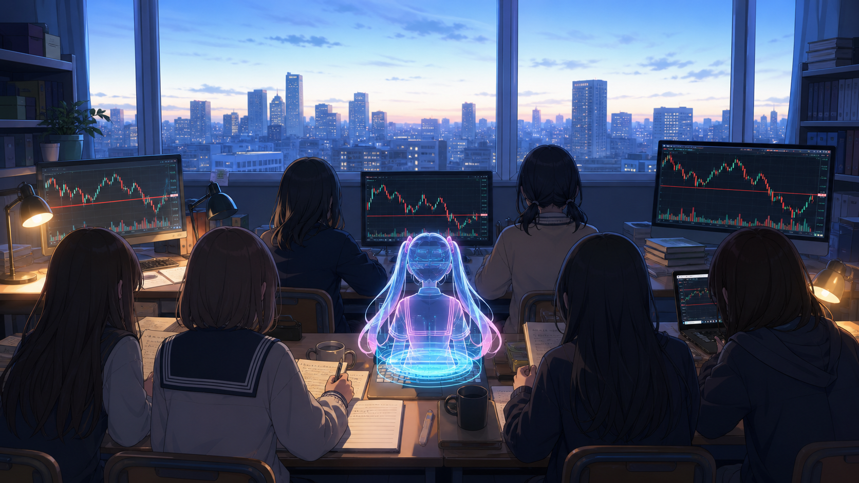 朝の投資部室で、後ろ姿の女子生徒たちと顔を見せないミームちゃんのホログラムが、逆指値の一覧を確認している