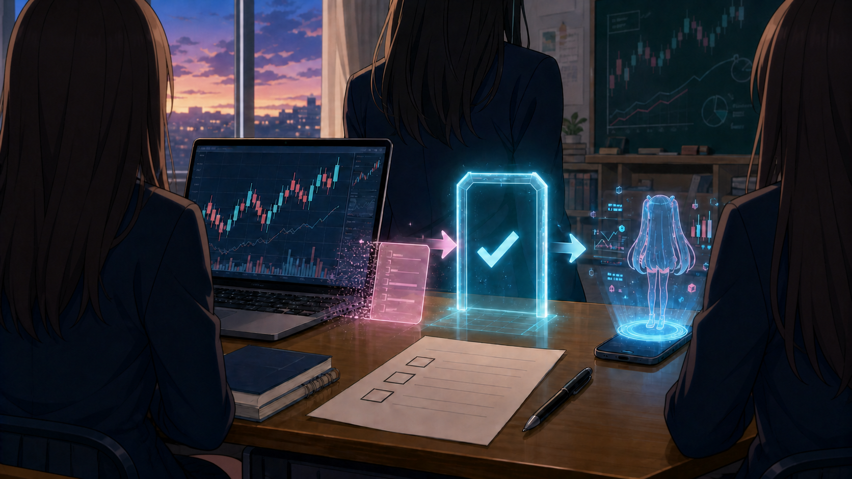 放課後の投資部室で、後ろ姿の女子生徒たちと顔を見せないホログラムAIが、注文票を確認ゲートへ通している