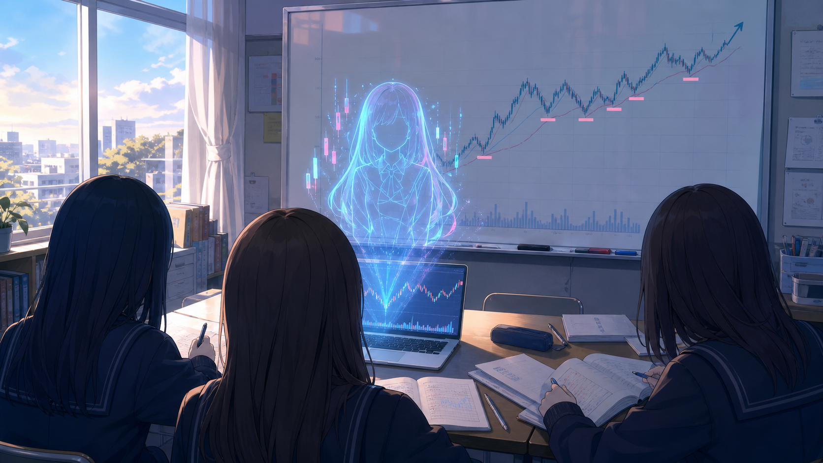 朝の投資部室で、後ろ姿の生徒たちと顔を見せないホログラムAIが、チャートと出口条件を確認しているアニメ調の挿絵