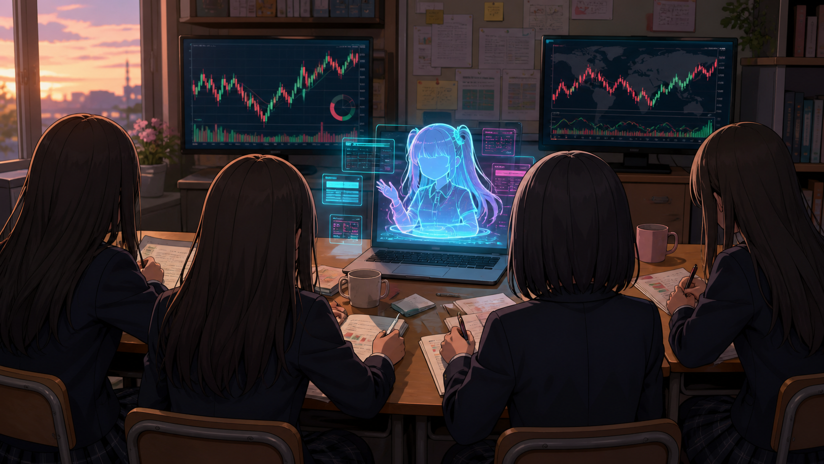 放課後の投資部室で、後ろ姿の女子メンバーと顔を見せないホログラムAIが市場データを確認している