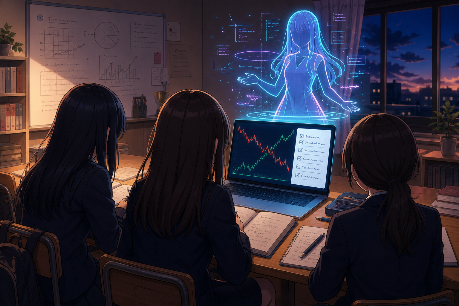 週末の投資部室で、後ろ姿の女子生徒たちと顔を見せないホログラムのAIが、撤退線までの余白を書き出したホワイトボードを見上げている