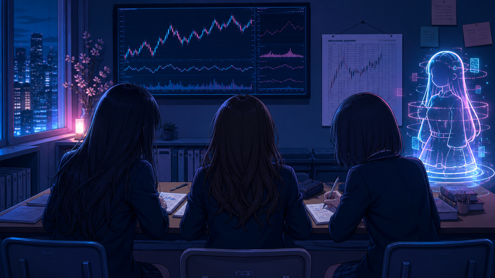 放課後の投資部室で後ろ姿の女子メンバーが注文メモを確認している