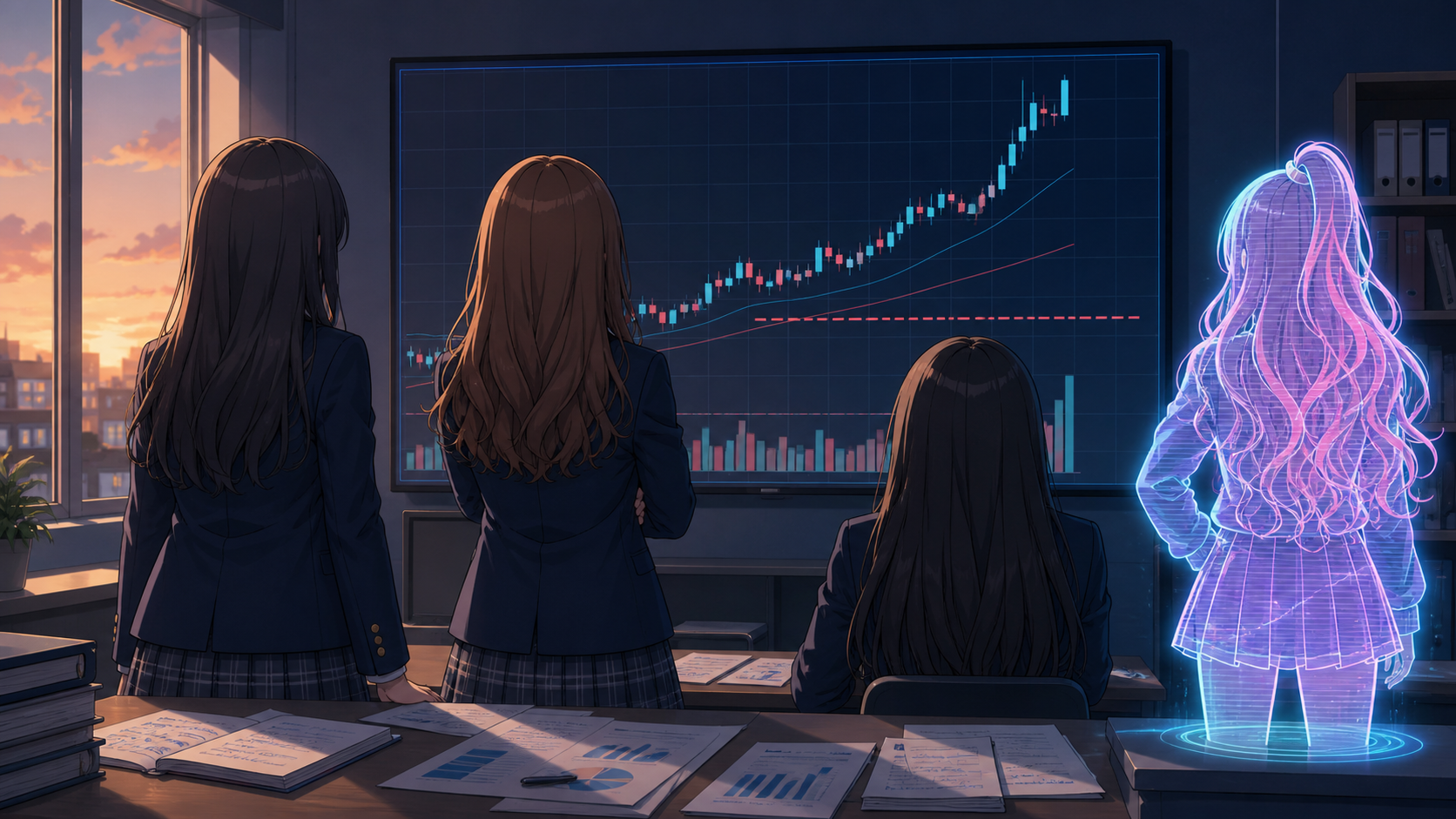 放課後の投資部室で、顔を見せない女子部員とホログラムのミームちゃんが停止線付きの株価チャートを確認する