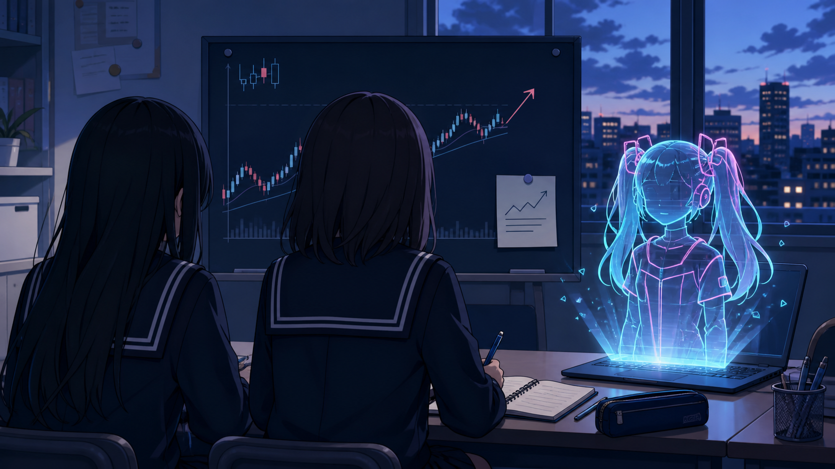 放課後の投資部室で後ろ姿の女子部員二人とミームちゃんのホログラムが、条件付き注文と株価チャートを見ている