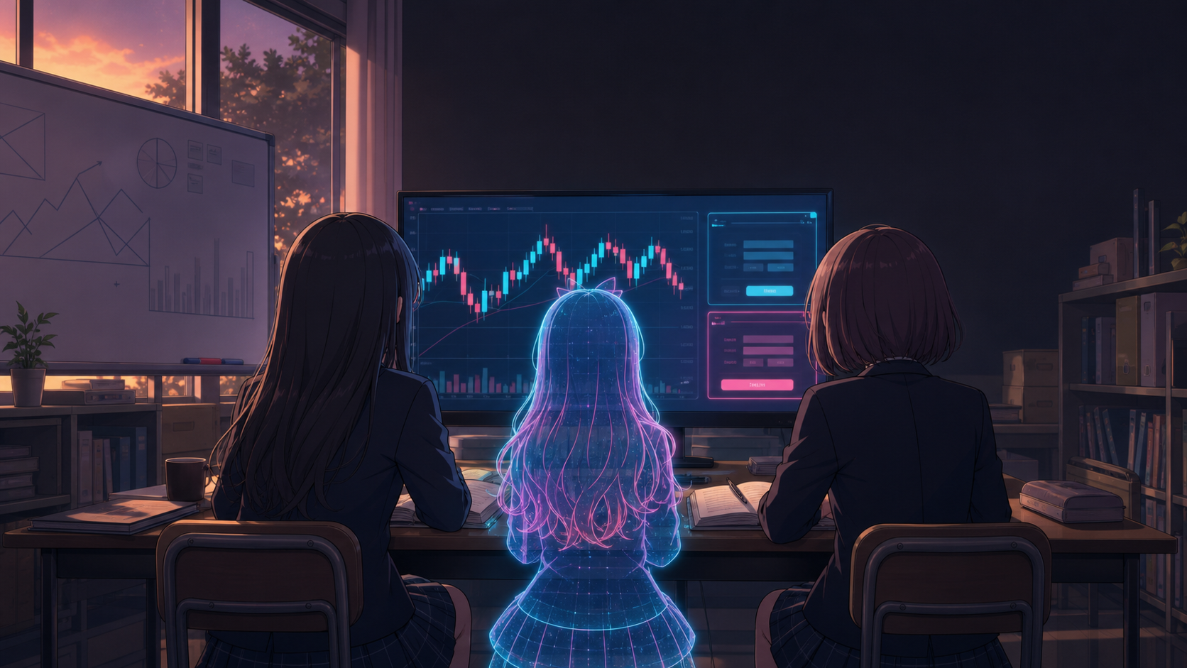 放課後の投資部室で相場を確認する後ろ姿の女子生徒二人と、ホログラムのミームちゃん
