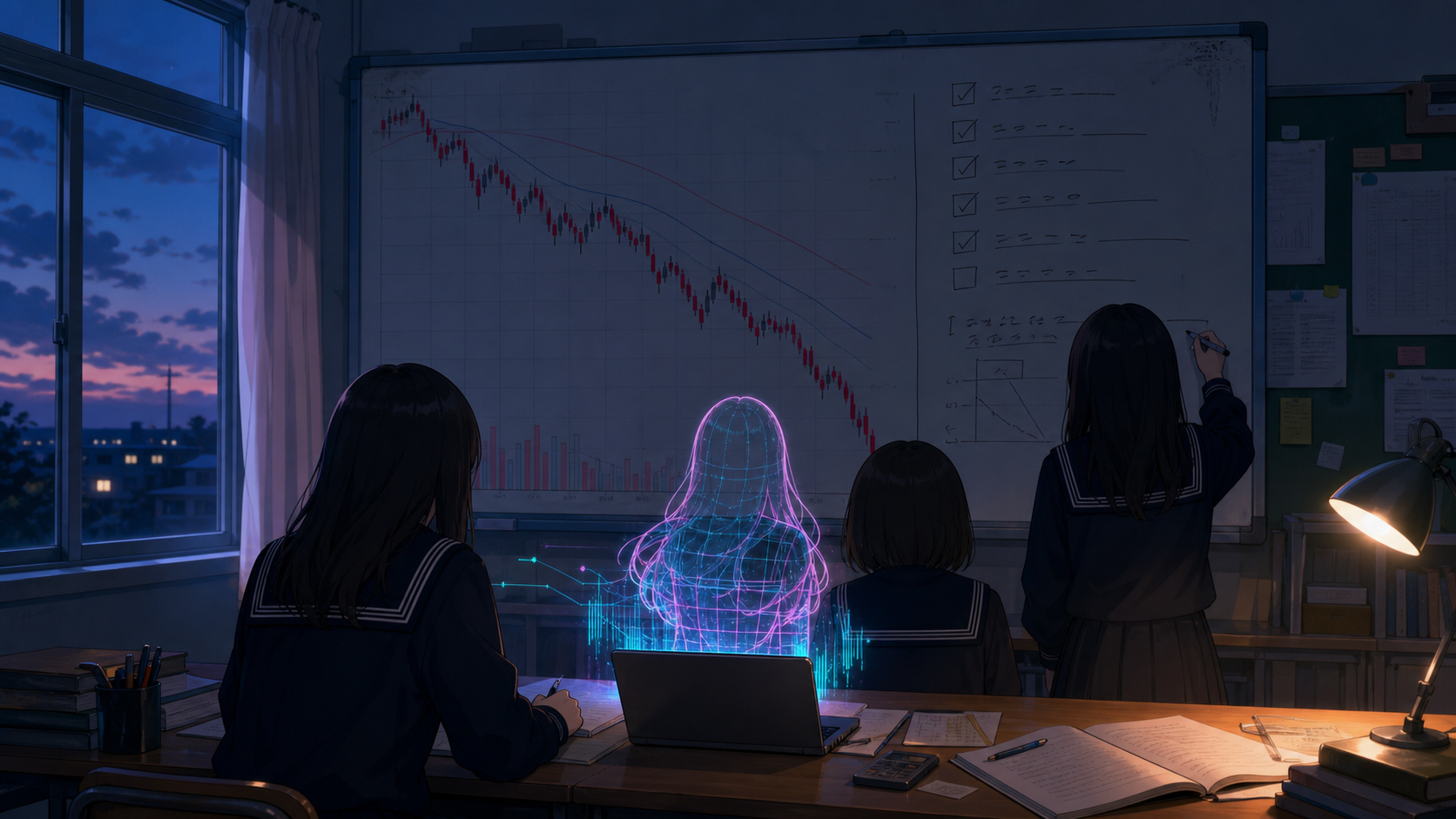 放課後の投資部室で、後ろ姿の女子生徒たちと顔を見せないホログラムのミームちゃんが下落チャートと注文メモを確認している