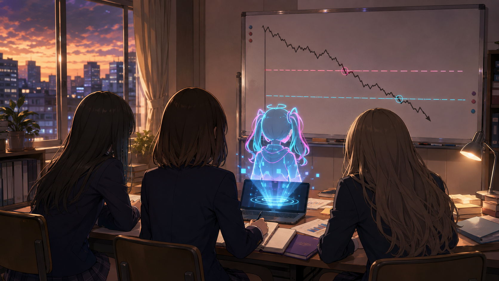 放課後の投資部室で、後ろ姿の女子生徒たちと顔を見せないホログラムのミームちゃんが二つの退出線と下落チャートを確認している