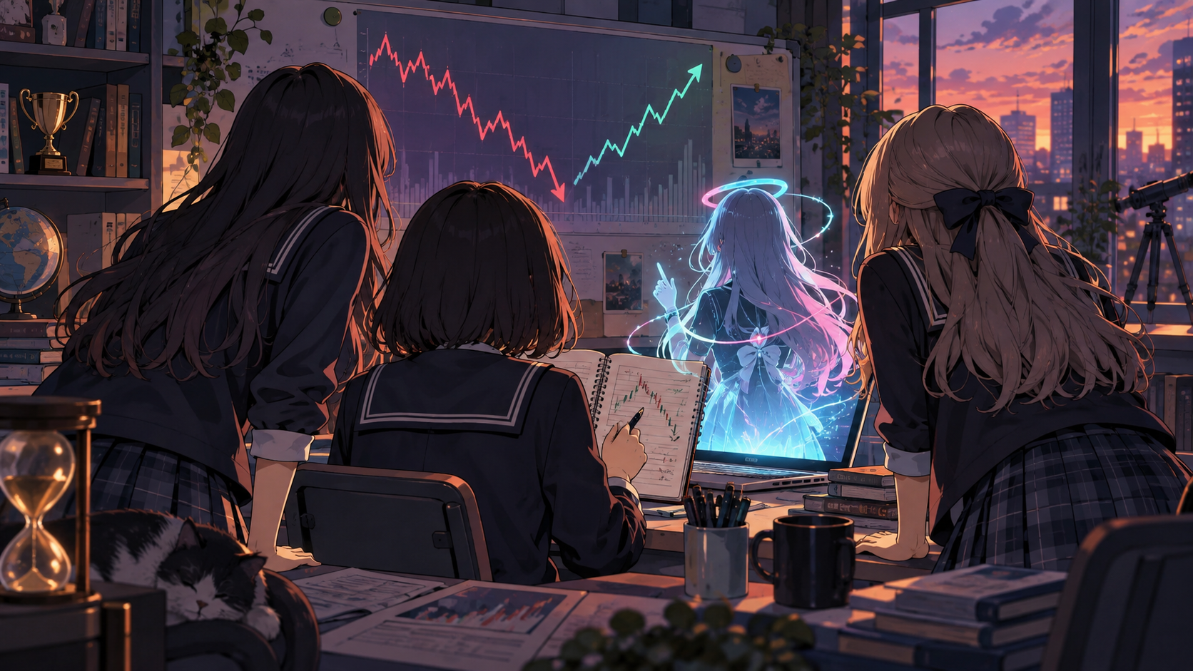 放課後の投資部室で後ろ姿の女子生徒たちと顔を隠したホログラムのミームちゃんが上下に割れたチャートを確認している