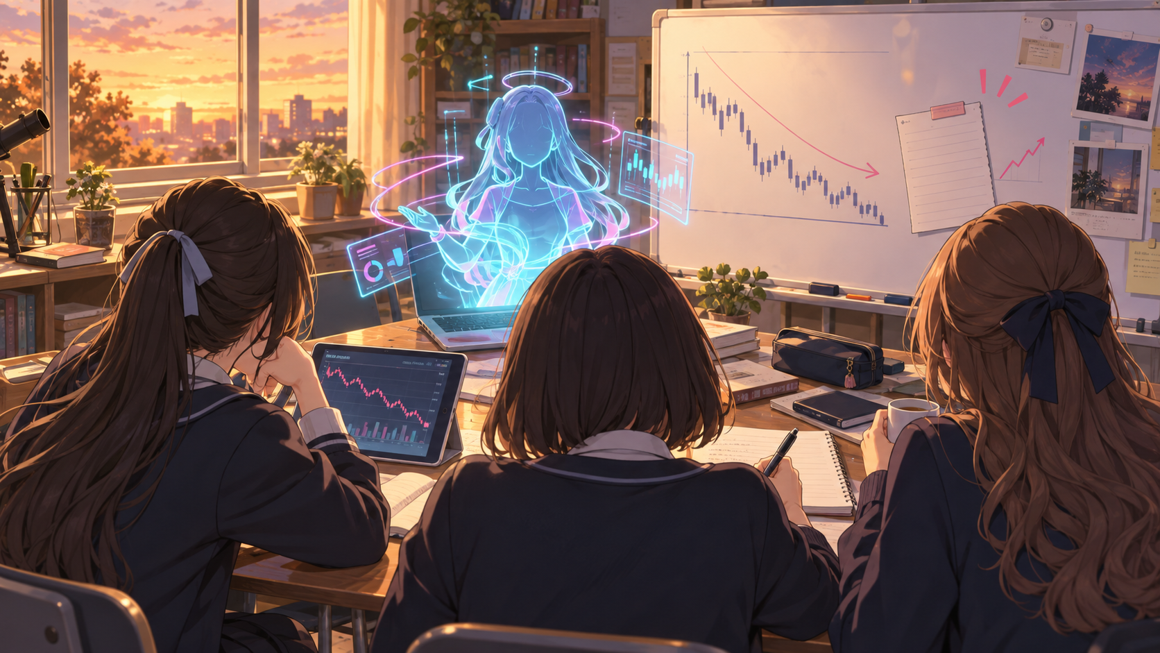 放課後の投資部室で後ろ姿の女子生徒たちと顔を隠したホログラムのミームちゃんが、下向きのチャートと注文メモを確認している