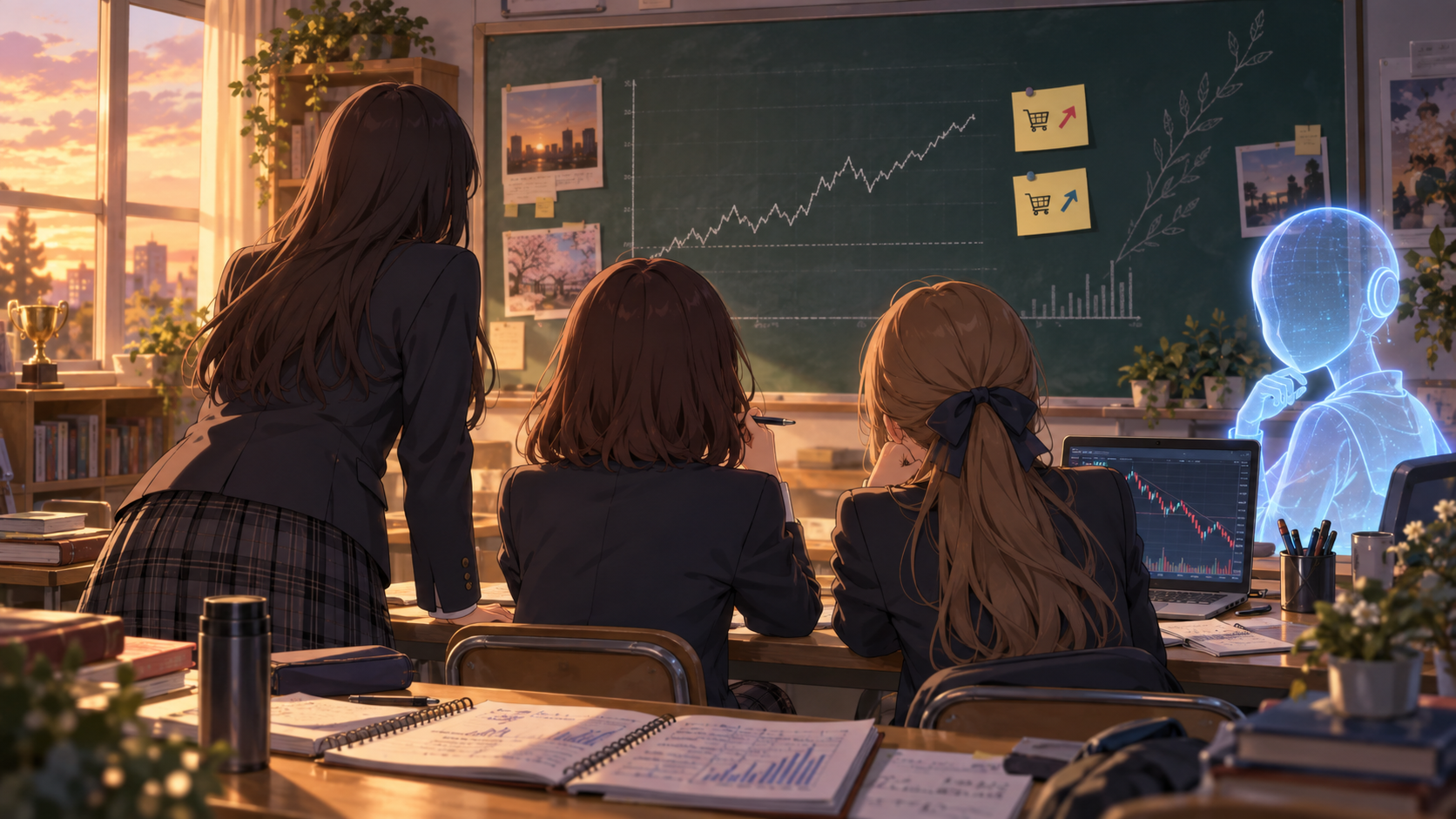 放課後の投資部室で、後ろ姿の女子生徒たちと顔のないホログラムAIが、チャートと注文ノートを確認している