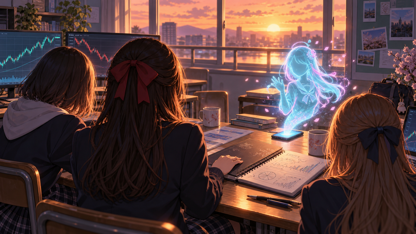 夕暮れの投資部室で、後ろ姿の女子生徒三人と顔のないミームちゃんのホログラムが、最後の成績表と閉じかけたノートを囲んでいる