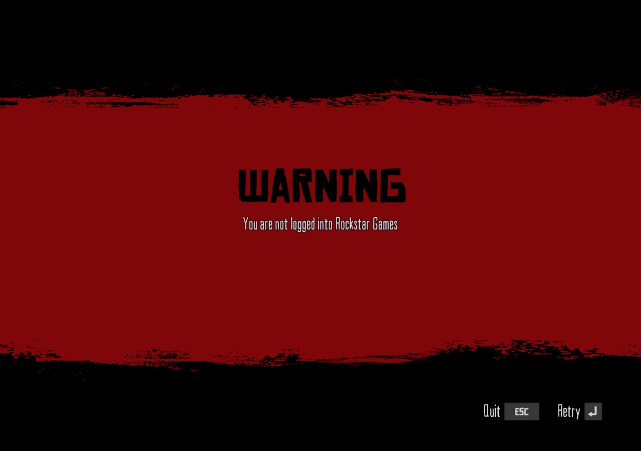 ゲーム内に表示された警告画面。You are not logged into Rockstar Gamesと表示されている