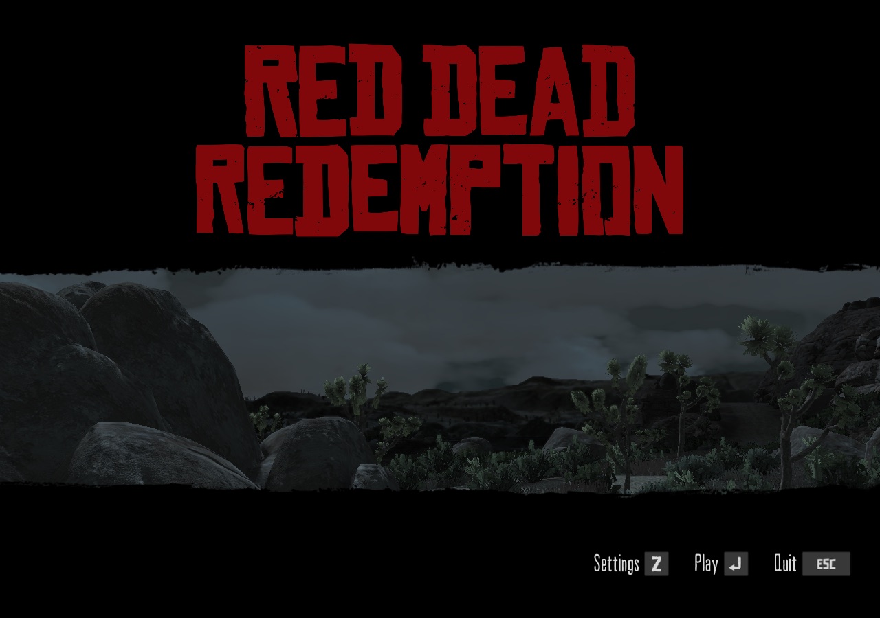 WineForge上で表示されたRed Dead Redemptionのタイトルメニュー。画面下にSettings、Play、Quitの操作表示がある