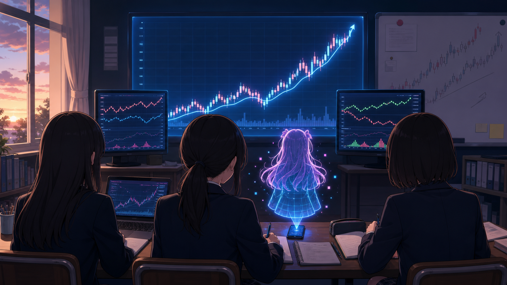放課後の投資部で、背中を向けた部員たちと顔を見せないミームちゃんのホログラムが上昇チャートを見つめる
