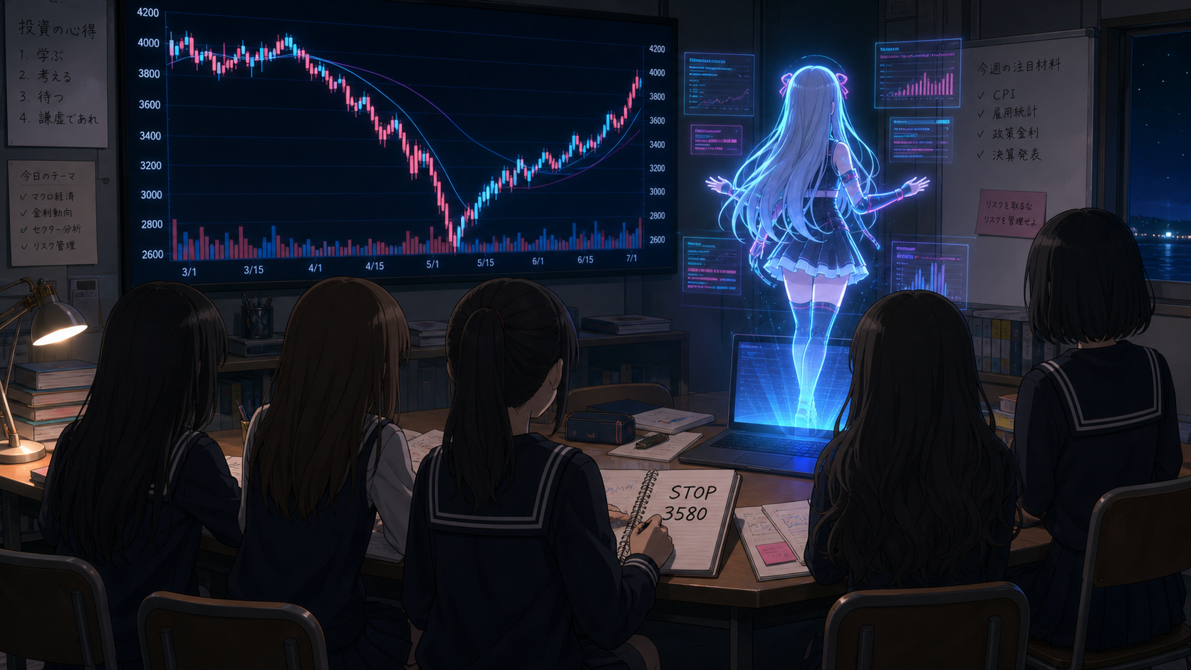 放課後の投資部室で後ろ姿の部員たちと顔を見せないミームちゃんのホログラムが市場の画面を見る