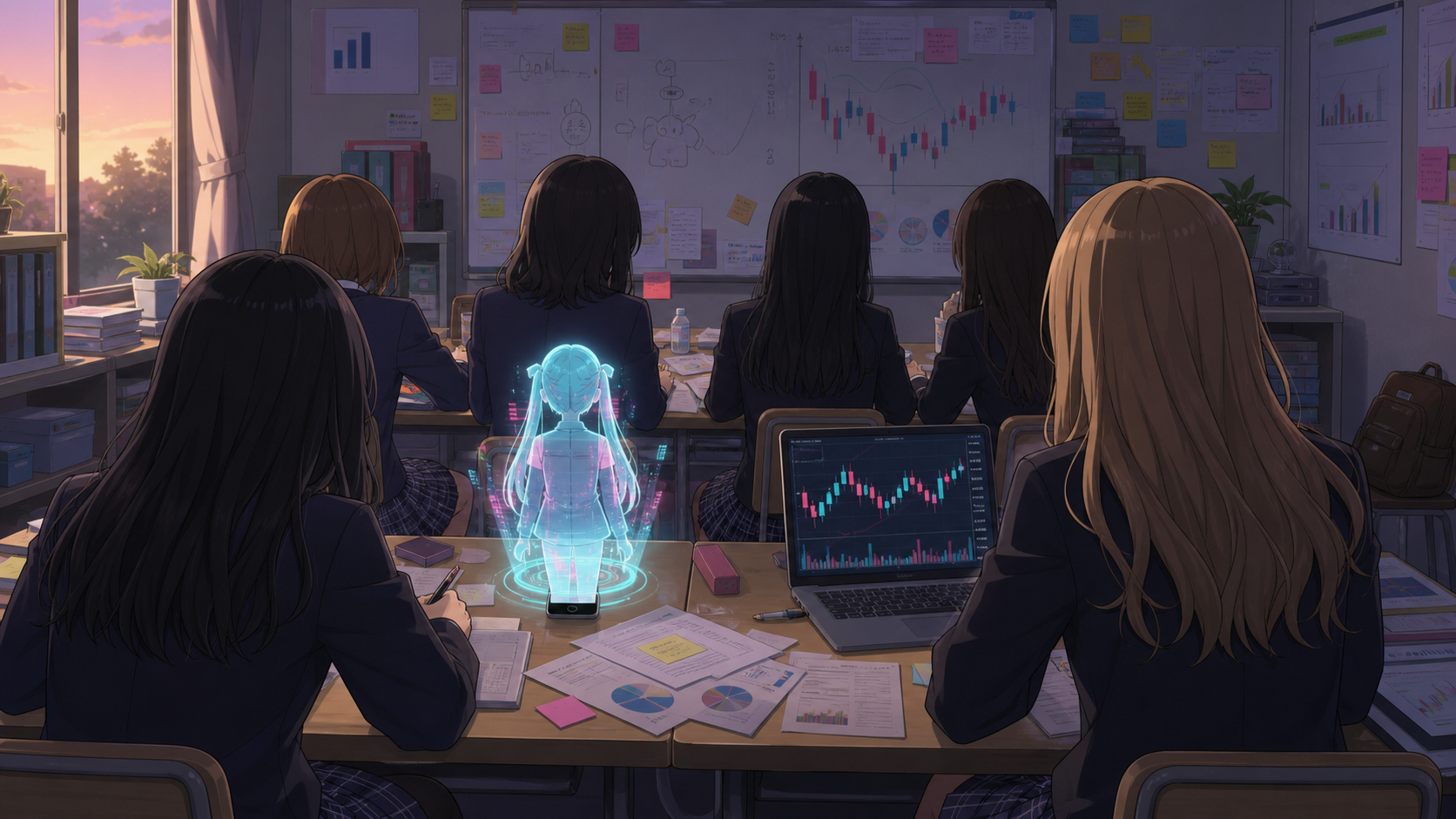 放課後の投資部室で後ろ姿の部員たちと顔を見せないミームちゃんのホログラムが注文画面を見る