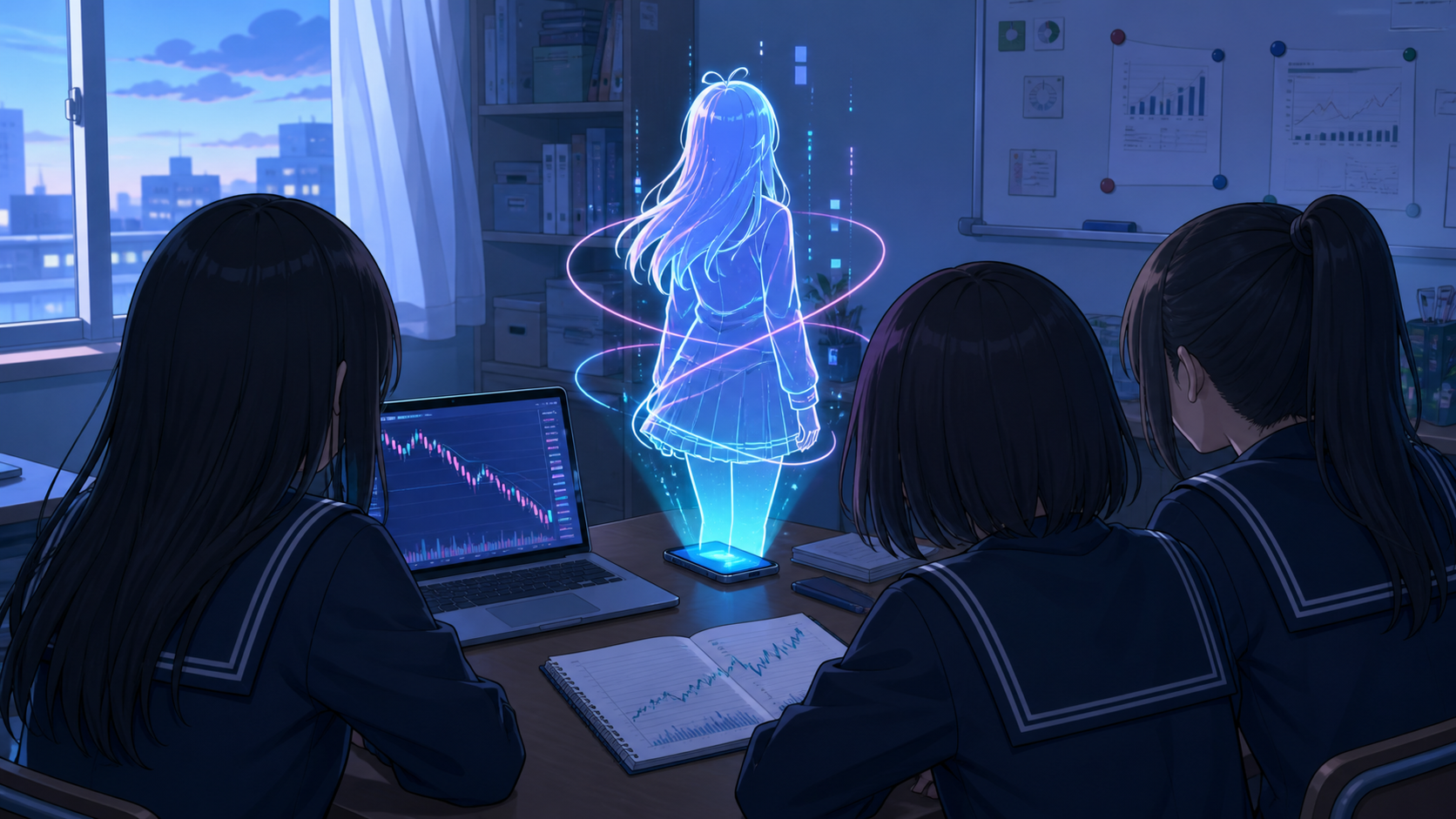 朝の投資部室で後ろ姿の部員たちと顔を見せないミームちゃんのホログラムが市場画面を見る