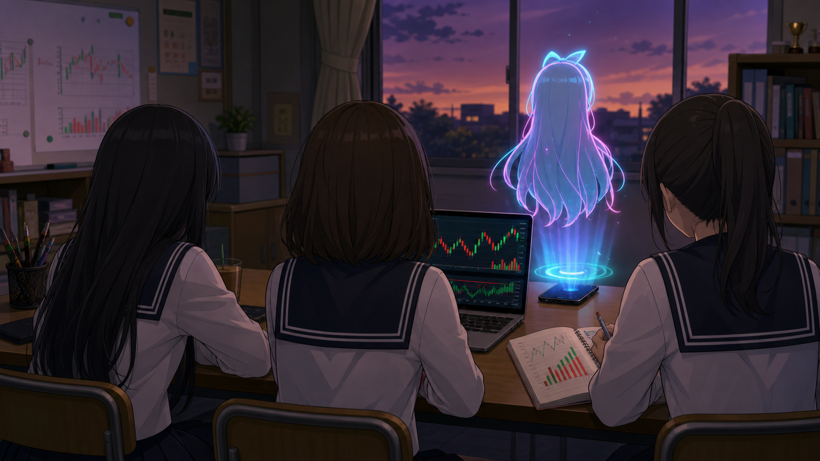 夕方の投資部室で後ろ姿の女子生徒三人と顔を見せないミームちゃんのホログラムが値動きを確認する