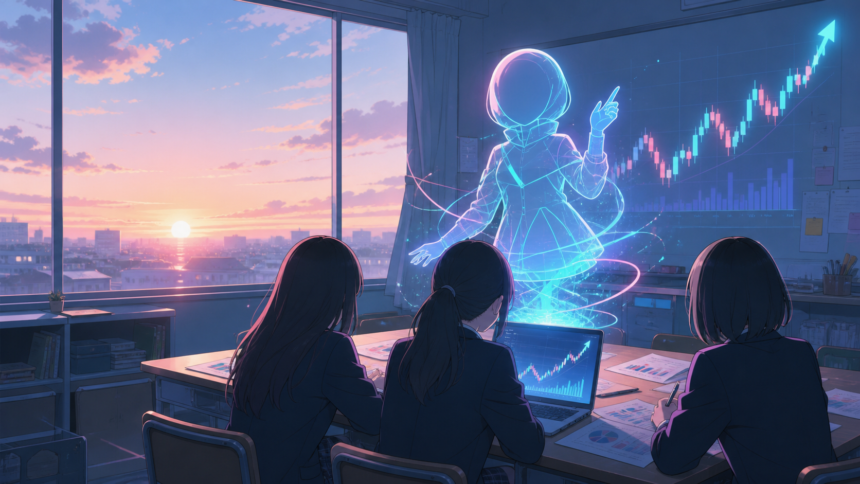 朝の投資部室で後ろ姿の女子生徒三人と顔を見せないミームちゃんのホログラムが米国株の反発を確認する