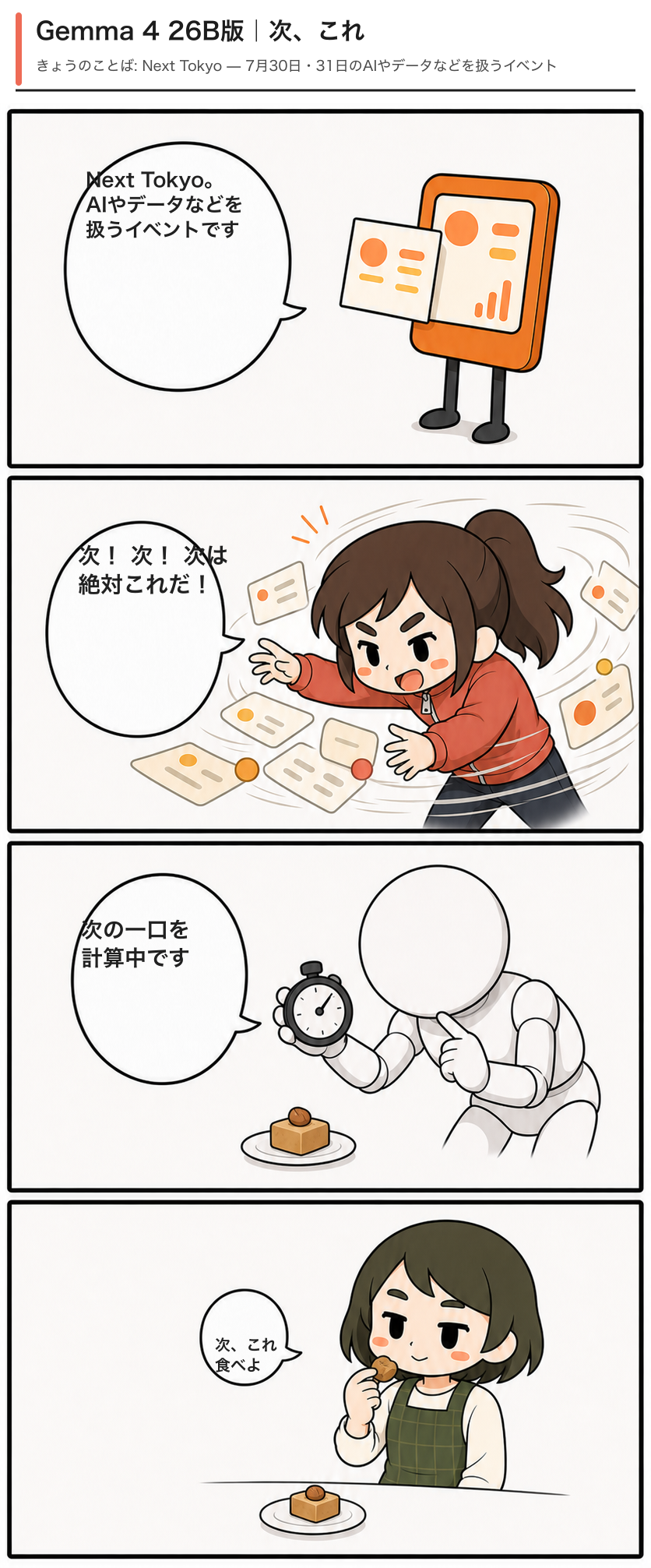 Gemma 4 26B版「次、これ」（創作）の4コマ