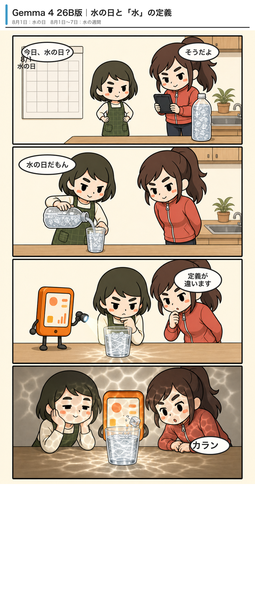 Gemma 4 26B版「水の日と『水』の定義」の4コマ漫画