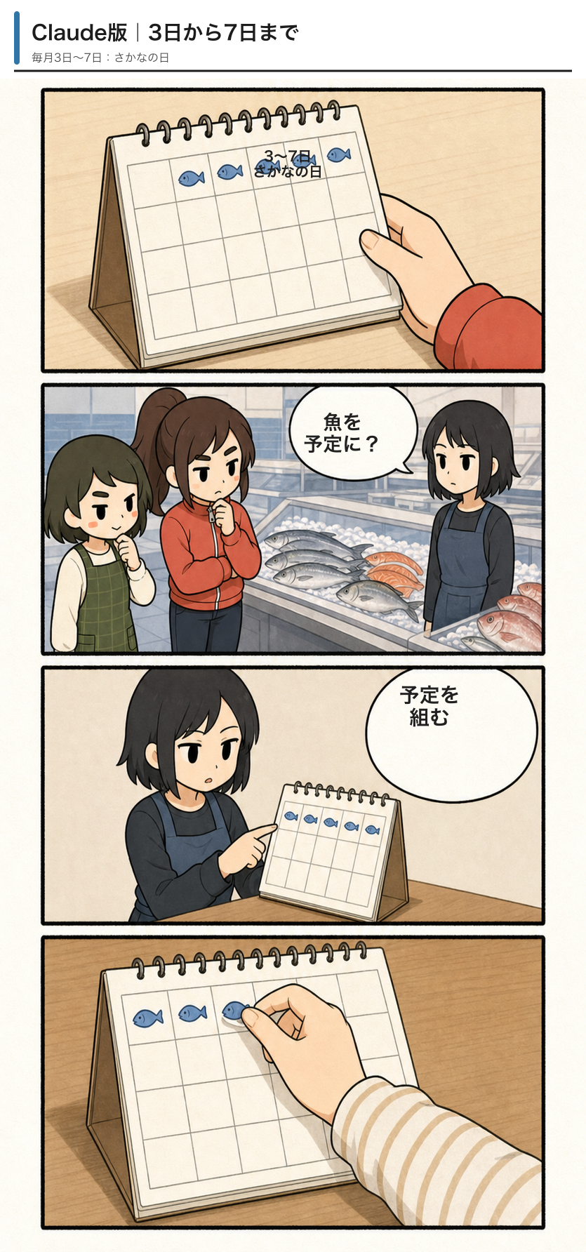 Claude版「3日から7日まで」の4コマ漫画