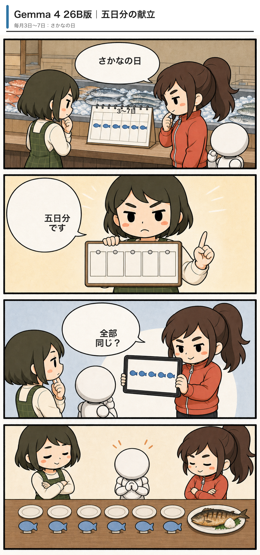 Gemma 4 26B版「五日分の献立」の4コマ漫画
