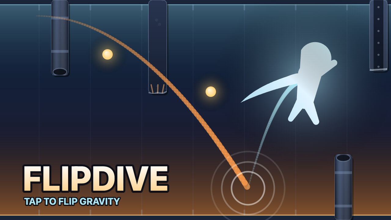 FlipDiveのサムネイル。左上から暖色の弧が落下し、下部で白い波紋が弾け、そこから寒色の軌跡が右上のフードをかぶった人型へ伸びる。左下に大きくFLIPDIVEの文字。周囲に配管・コンクリート・横梁の障害物が並ぶ